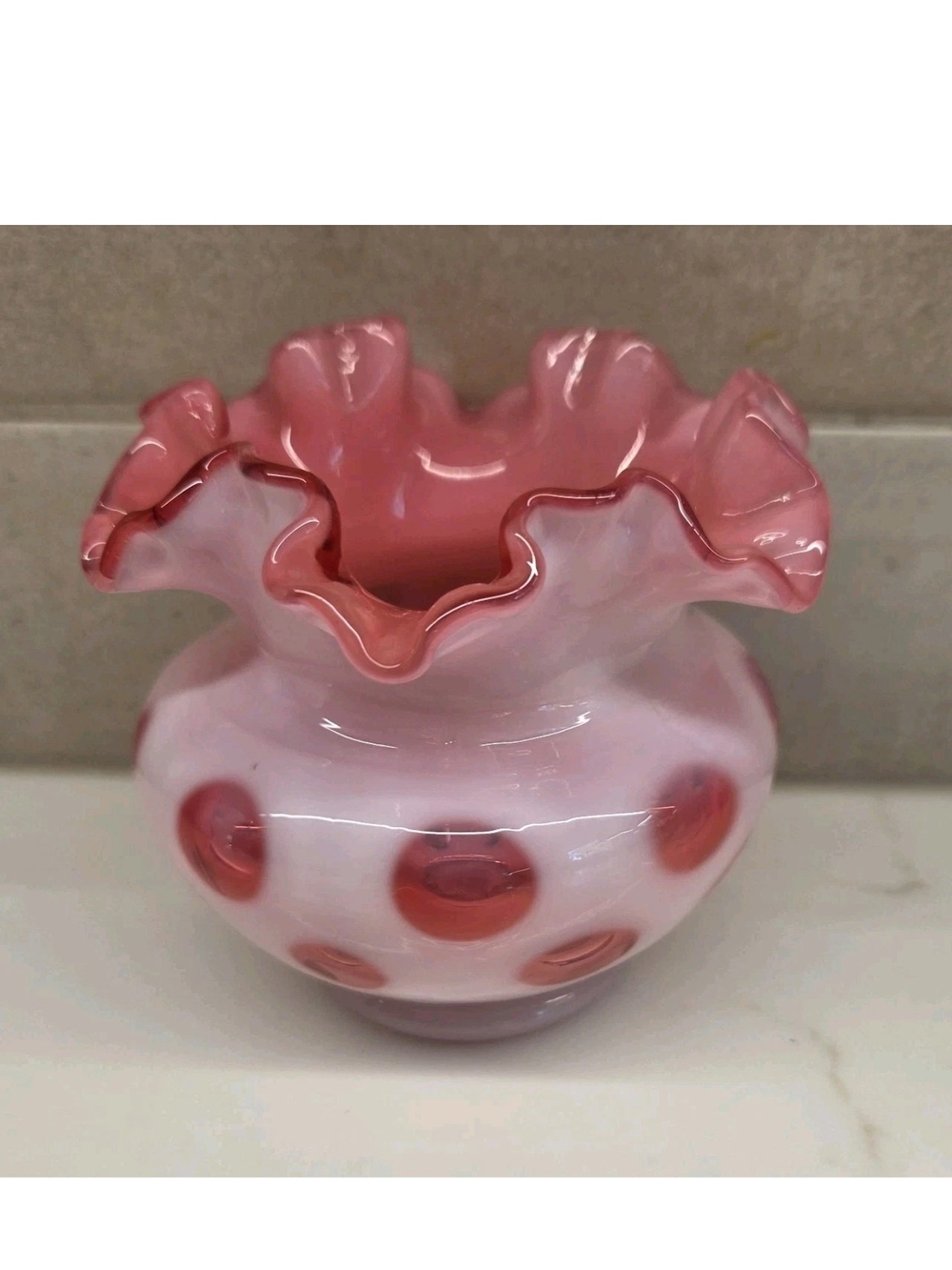 Vintage Fenton Cranberry Opalescent Coin Dot Ruffled 4" Vase